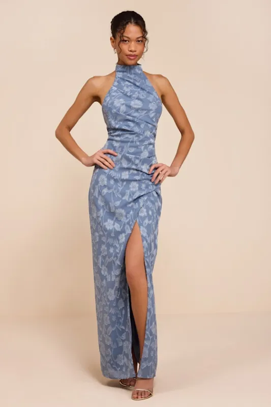 Felicia Slate Blue Floral Burnout Column Maxi Dress made by Lulus