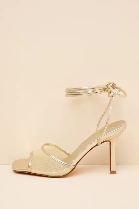 Harlan Gold Mesh Lace-Up High Heel Sandals sold by Lulus