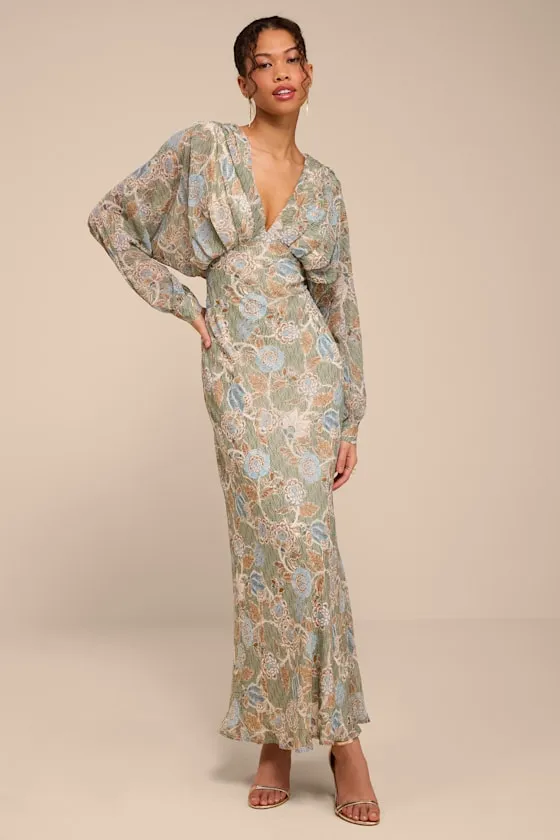 Azalea Sage Multi Floral Long Sleeve Midi Dress sold by Lulus