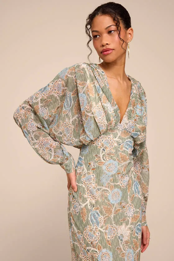 Azalea Sage Multi Floral Long Sleeve Midi Dress sold by Lulus product image thumbnail 2