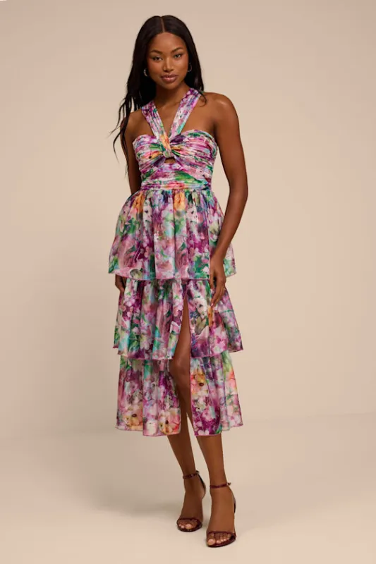 Dayanara Purple Multi Floral Organza Tiered Midi Dress made by Lulus