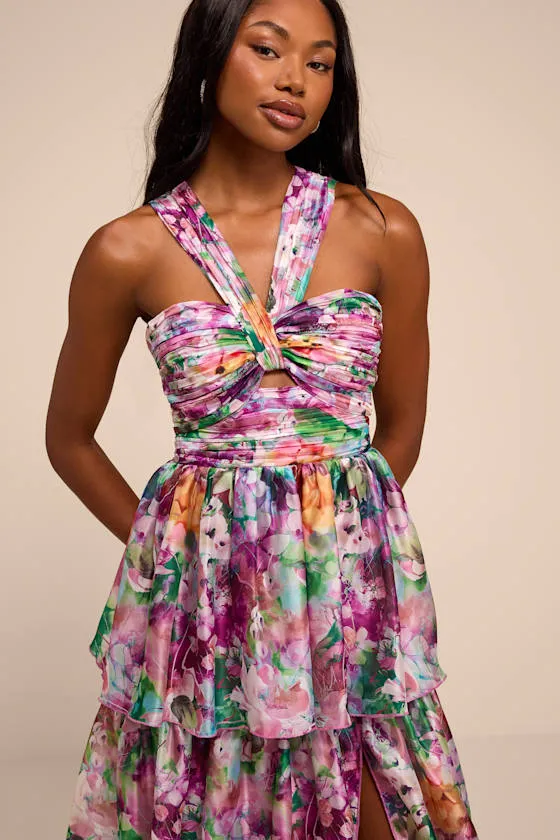 Dayanara Purple Multi Floral Organza Tiered Midi Dress sold by Lulus product image thumbnail 2