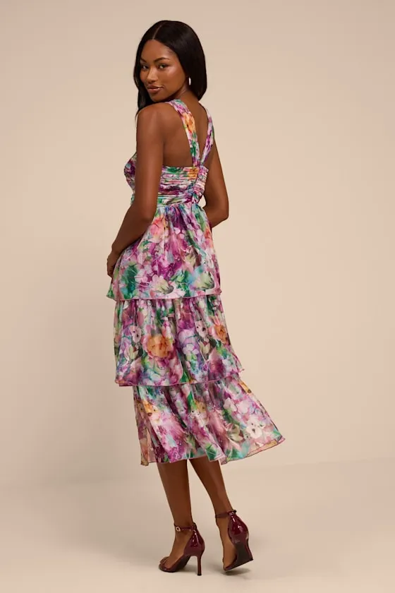 Dayanara Purple Multi Floral Organza Tiered Midi Dress sold by Lulus product image thumbnail 3