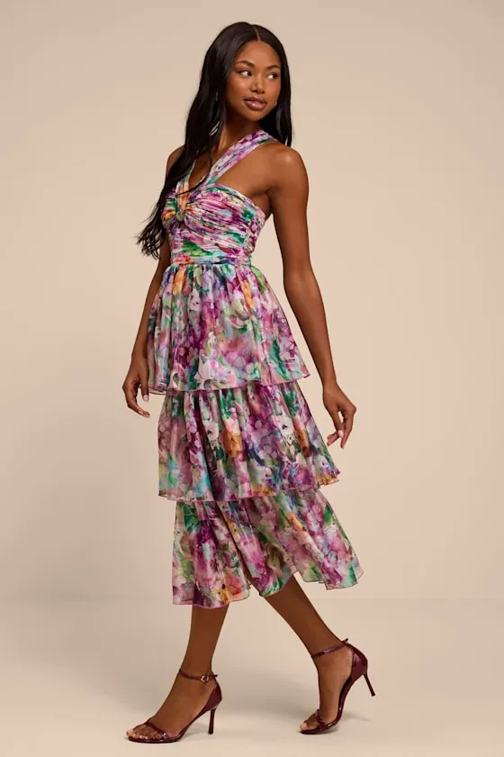 Dayanara Purple Multi Floral Organza Tiered Midi Dress sold by Lulus product image thumbnail 4
