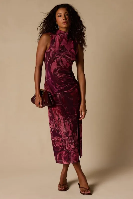 Rosannah Mauve Multi Abstract Mesh Mock Neck Midi Dress made by Lulus