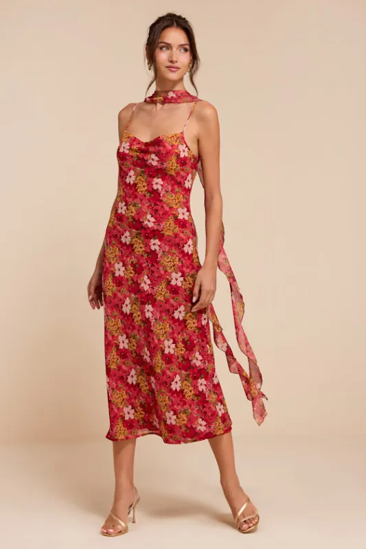 Rosetta Red Multi Floral Midi Dress and Scarf Set made by Lulus