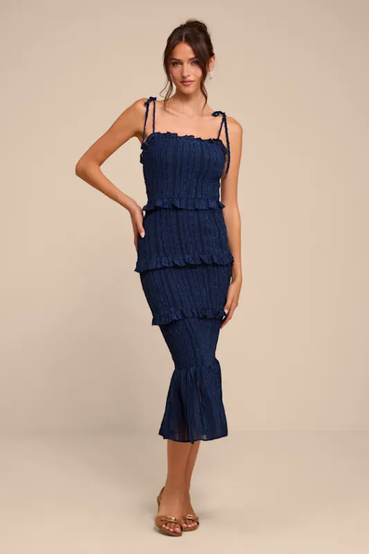 Aymana Navy Smocked Bodycon Midi Dress made by Lulus