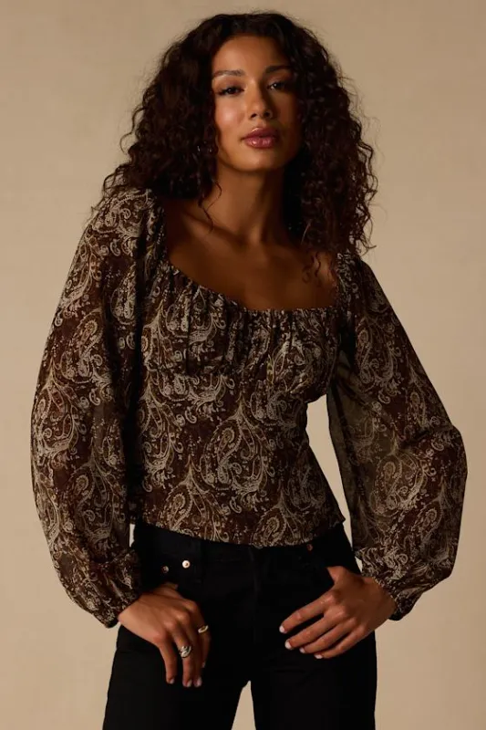 Yara Brown Multi Paisley Long Sleeve Top made by Lulus