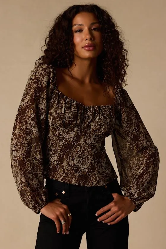 Yara Brown Multi Paisley Long Sleeve Top sold by Lulus