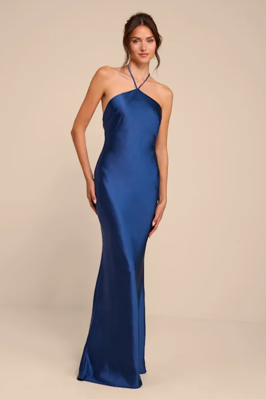 Roya Navy Satin Halter Backless Maxi Dress made by Lulus