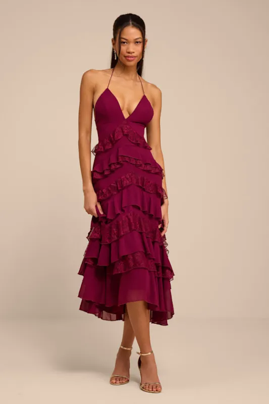 Melena Burgundy Ruffled Lace Midi Dress made by Lulus