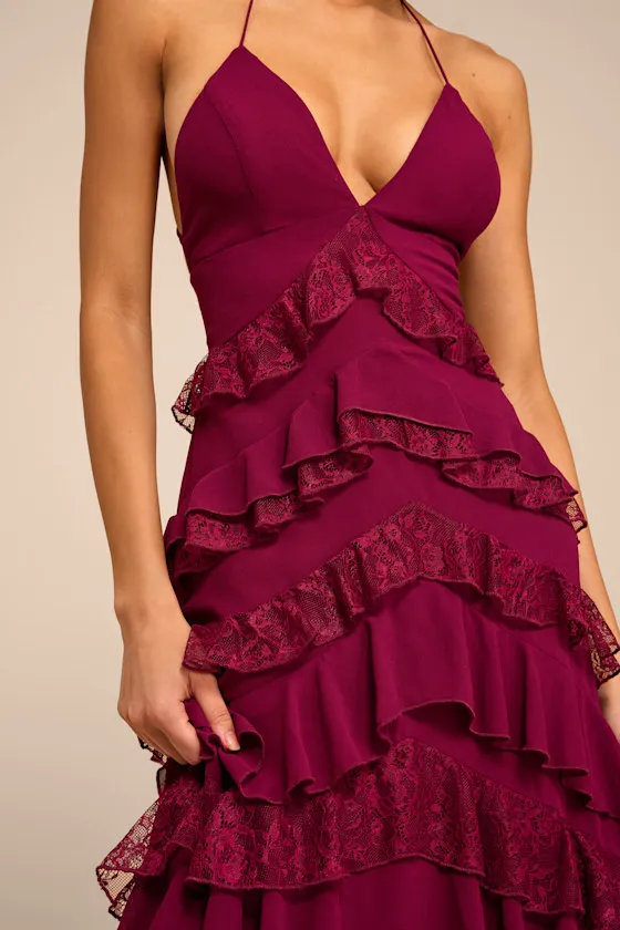 Melena Burgundy Ruffled Lace Midi Dress sold by Lulus product image thumbnail 2