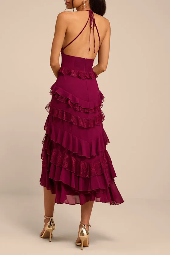 Melena Burgundy Ruffled Lace Midi Dress sold by Lulus product image thumbnail 3