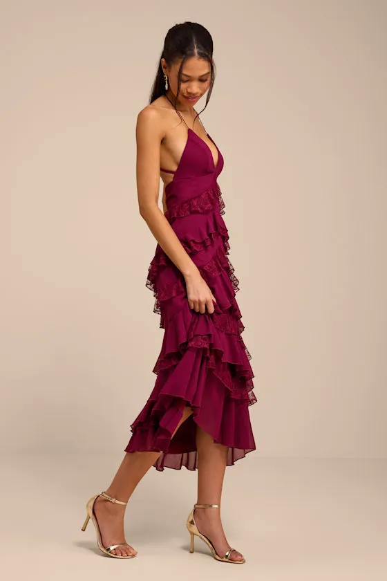 Melena Burgundy Ruffled Lace Midi Dress sold by Lulus product image thumbnail 4