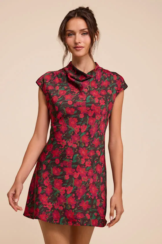 Ariya Red Multi Floral Satin Mock Neck Mini Dress sold by Lulus