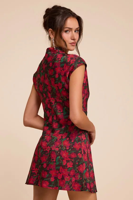 Ariya Red Multi Floral Satin Mock Neck Mini Dress sold by Lulus product image thumbnail 2