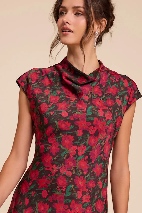Ariya Red Multi Floral Satin Mock Neck Mini Dress sold by Lulus product image thumbnail 3
