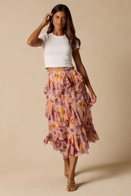 Pavinna Mauve Floral Print Tiered Ruffle Maxi Skirt made by Lulus