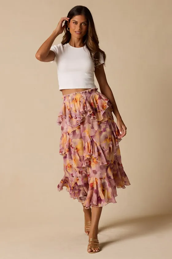 Pavinna Mauve Floral Print Tiered Ruffle Maxi Skirt sold by Lulus