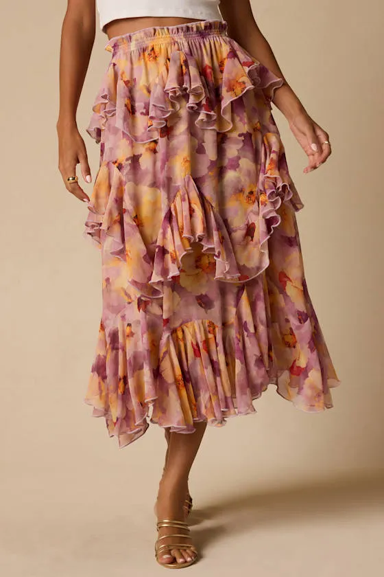 Pavinna Mauve Floral Print Tiered Ruffle Maxi Skirt sold by Lulus product image thumbnail 3