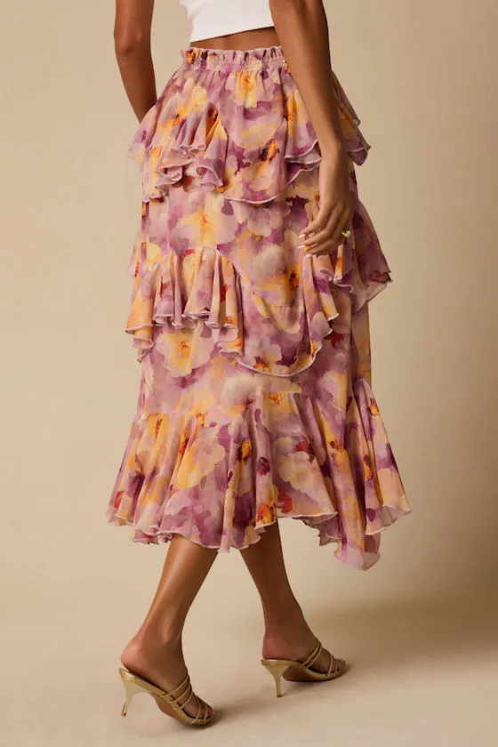 Pavinna Mauve Floral Print Tiered Ruffle Maxi Skirt sold by Lulus product image thumbnail 4