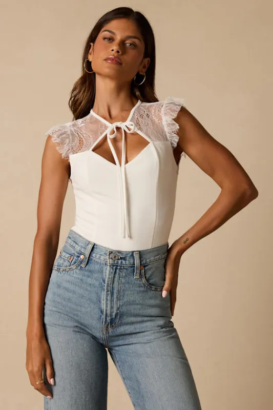 Coveted Crush Ivory Lace Tie-Neck Bodysuit made by Lulus