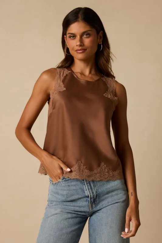 Jaynae Brown Lace Trim Satin Tank Top made by Lulus