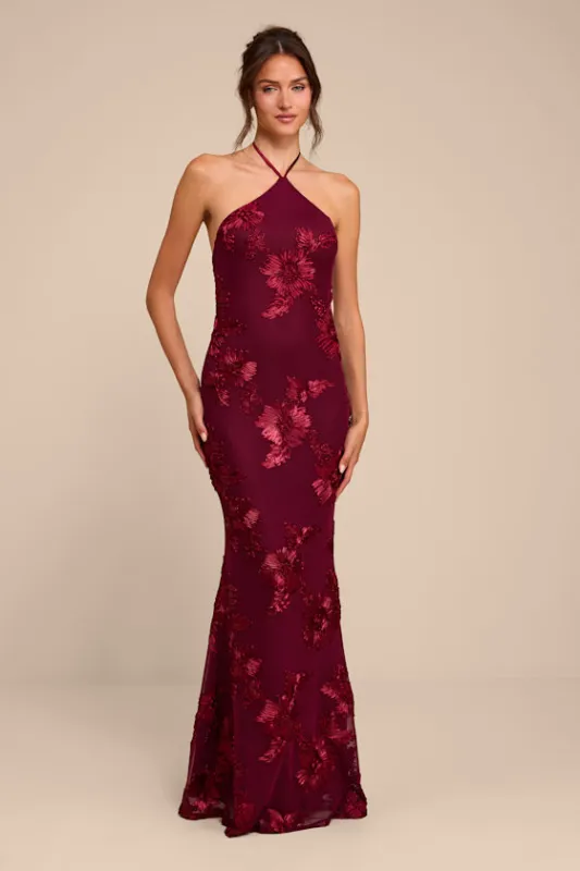 Celyna Burgundy Mesh Floral Applique Maxi Dress made by Lulus