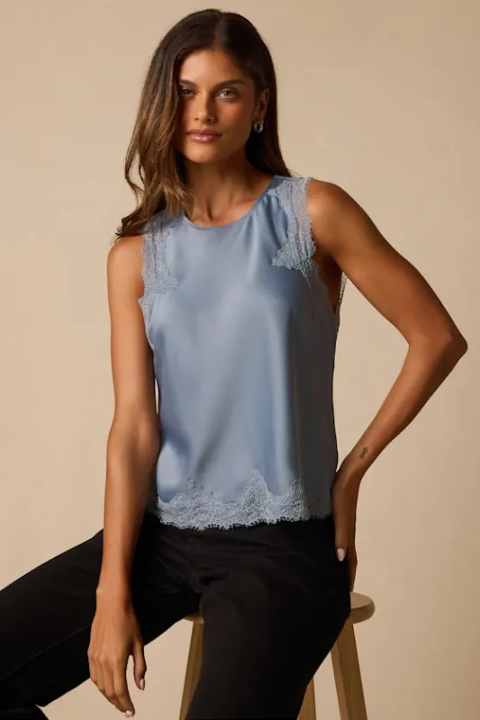 Jaynae Dusty Blue Lace Trim Satin Tank Top made by Lulus