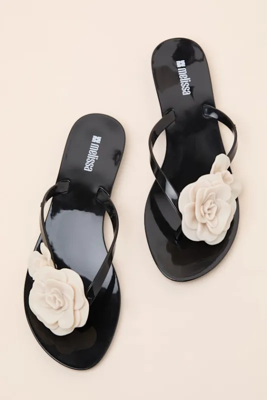Harmonic Petals Black and Beige Thong Sandals made by Melissa