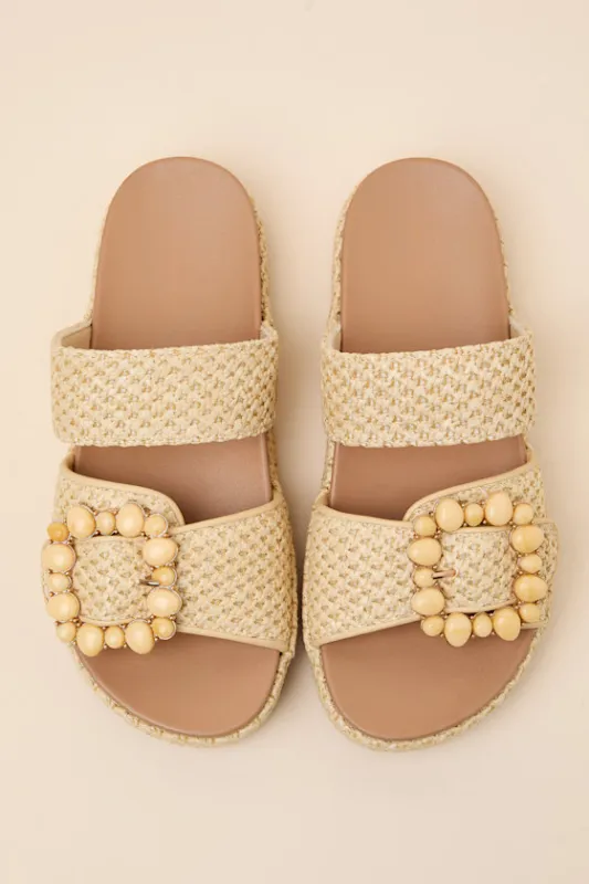 Babette Beige Raffia Buckle Platform Slide Sandals made by Lulus