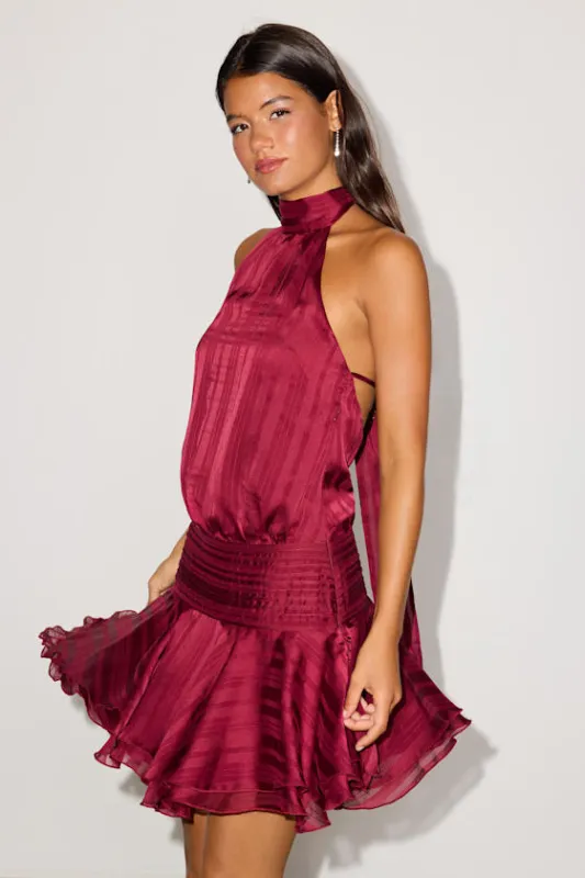 Cass Wine Red Striped Satin Drop Waist Mini Dress made by Lulus