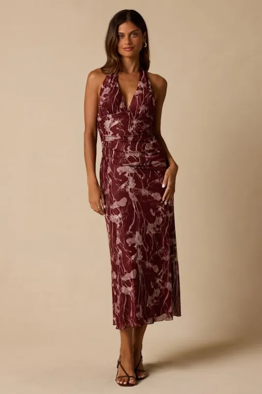 Betty Burgundy Abstract Print Mesh Halter Midi Dress made by Lulus