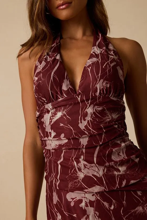Betty Burgundy Abstract Print Mesh Halter Midi Dress sold by Lulus product image thumbnail 2