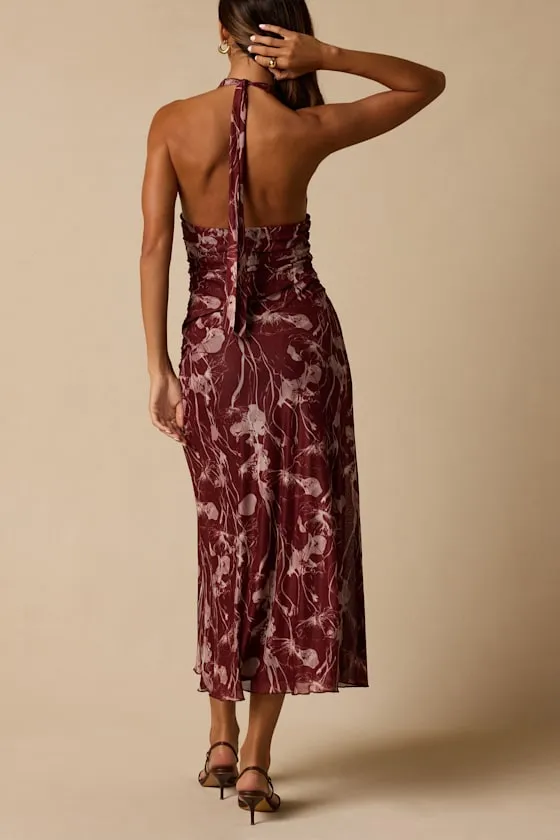 Betty Burgundy Abstract Print Mesh Halter Midi Dress sold by Lulus product image thumbnail 3