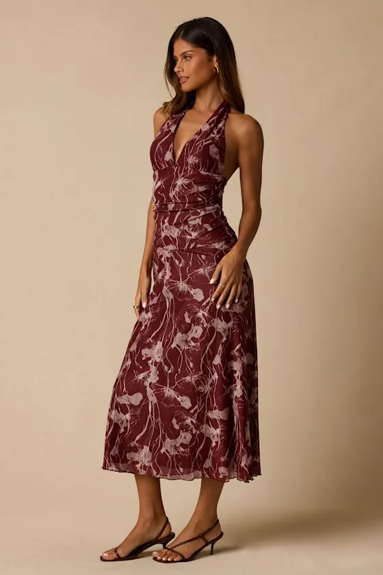 Betty Burgundy Abstract Print Mesh Halter Midi Dress sold by Lulus product image thumbnail 4