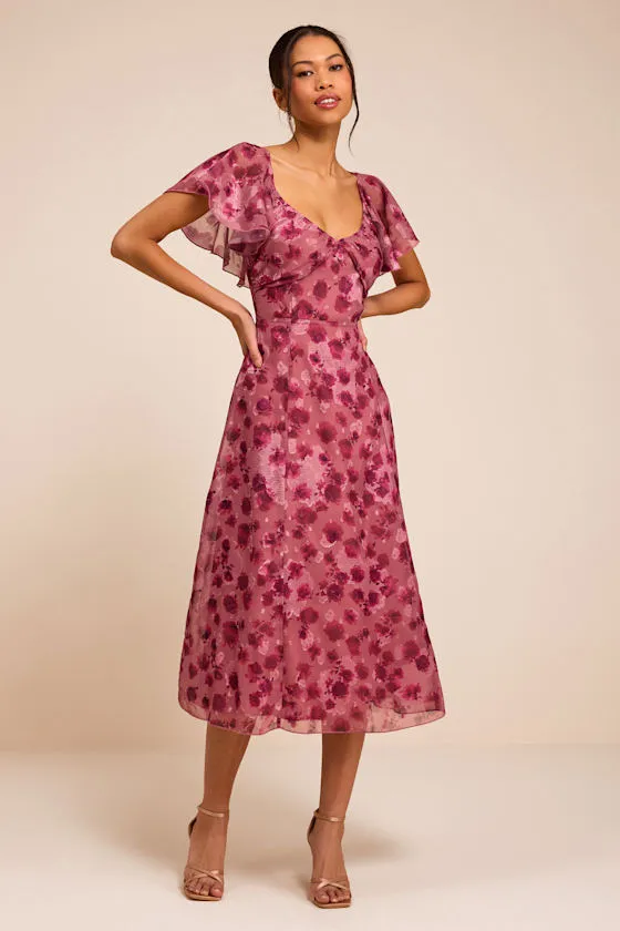 Camillo Mauve Floral Jacquard Flutter Sleeve Midi Dress sold by Lulus