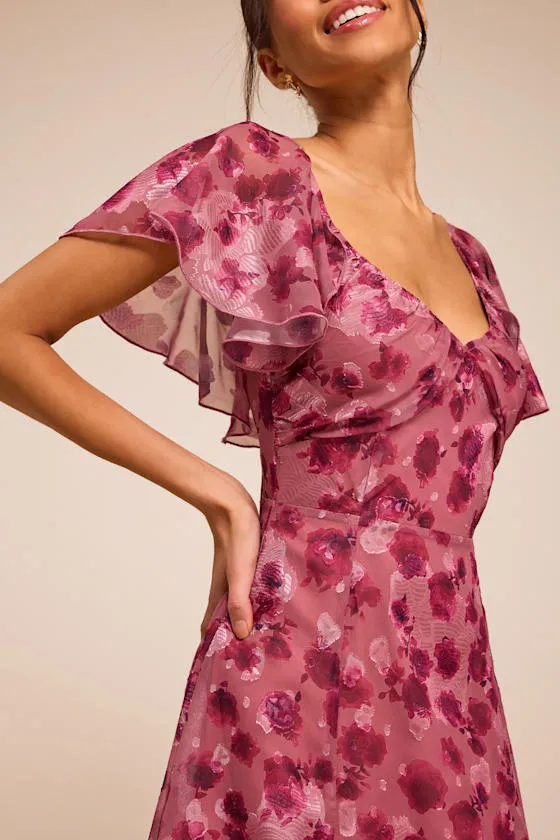 Camillo Mauve Floral Jacquard Flutter Sleeve Midi Dress sold by Lulus product image thumbnail 2