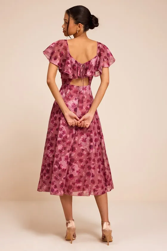 Camillo Mauve Floral Jacquard Flutter Sleeve Midi Dress sold by Lulus product image thumbnail 3
