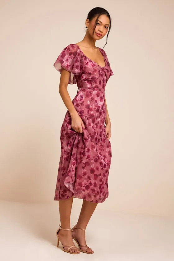 Camillo Mauve Floral Jacquard Flutter Sleeve Midi Dress sold by Lulus product image thumbnail 4