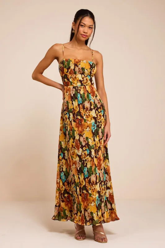 Holloway Brown Multi Floral Pleated Maxi Dress made by Lulus