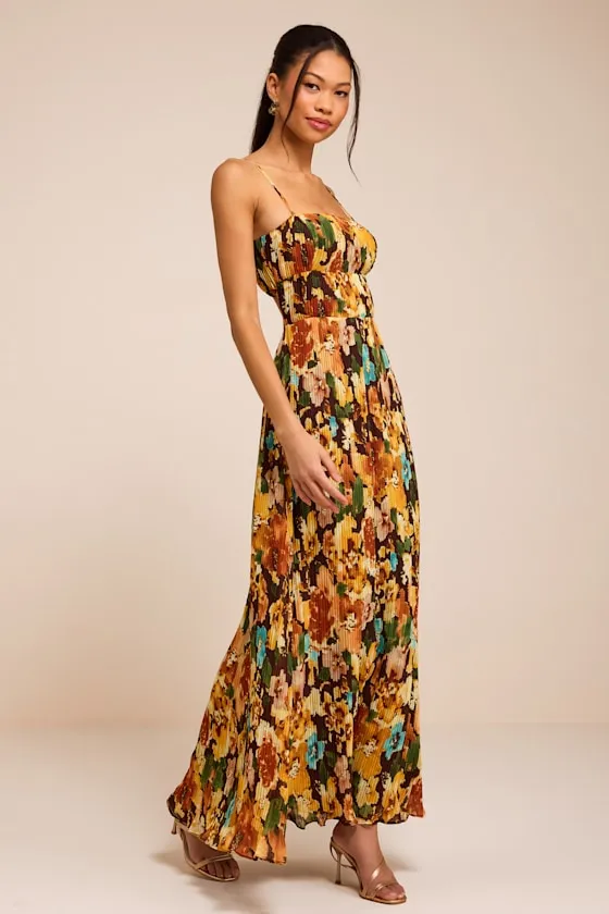 Holloway Brown Multi Floral Pleated Maxi Dress sold by Lulus product image thumbnail 4