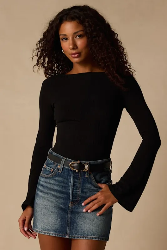 Maelis Black Ribbed Knit Long Sleeve Boat Neck Top made by Lulus