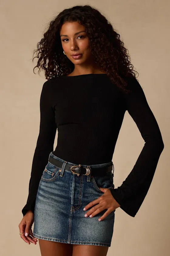 Maelis Black Ribbed Knit Long Sleeve Boat Neck Top sold by Lulus
