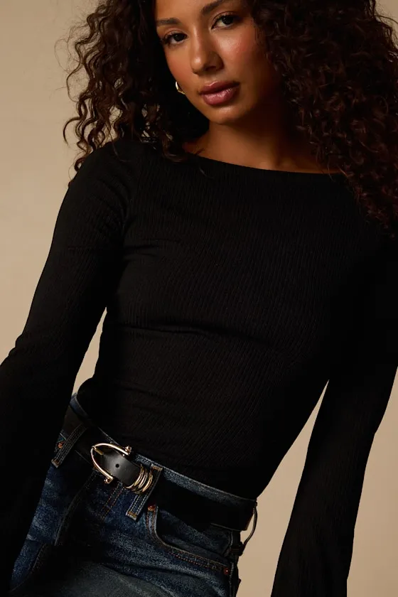 Maelis Black Ribbed Knit Long Sleeve Boat Neck Top sold by Lulus product image thumbnail 4