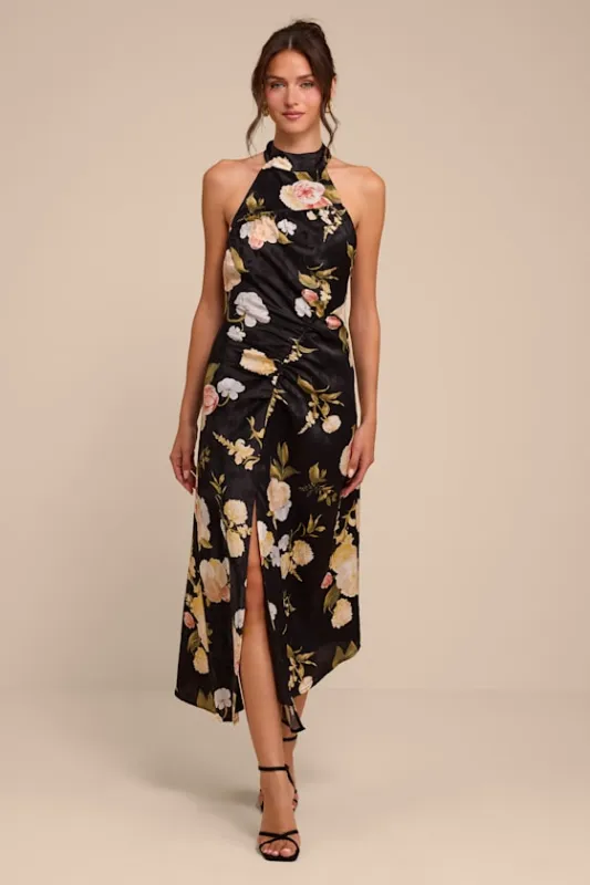Celinda Black Multi Floral Satin Halter Midi Dress made by Lulus