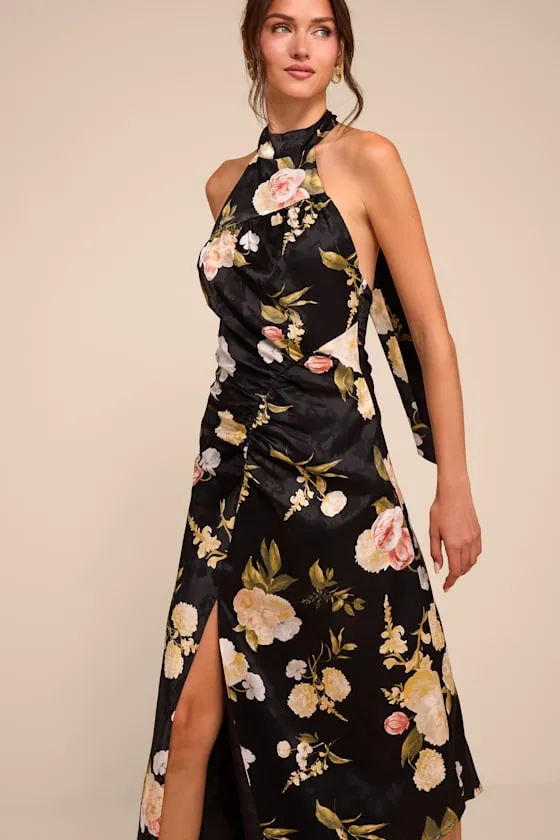Celinda Black Multi Floral Satin Halter Midi Dress sold by Lulus product image thumbnail 2