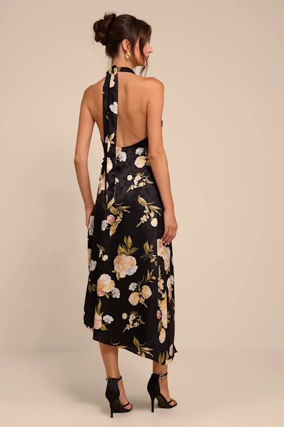 Celinda Black Multi Floral Satin Halter Midi Dress sold by Lulus product image thumbnail 3