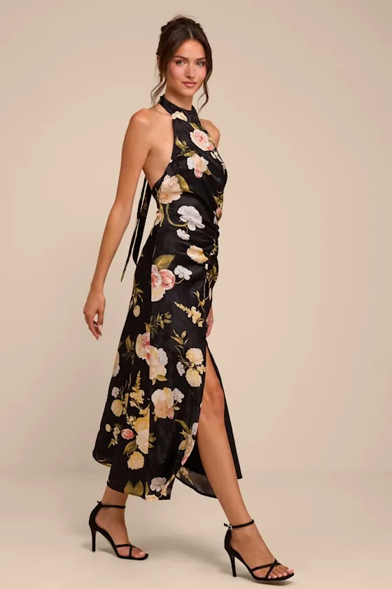 Celinda Black Multi Floral Satin Halter Midi Dress sold by Lulus product image thumbnail 4