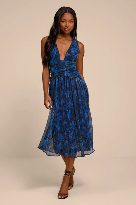 Evaluna Blue Abstract Print Lurex Pleated Midi Dress made by Lulus